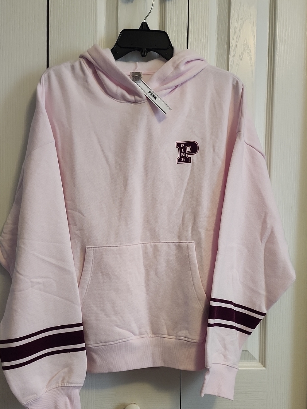 PINK Light Pink Hooded Sweatshirt with Maroon Stripes